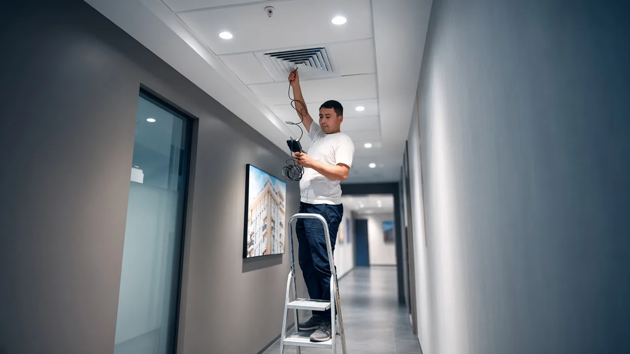Technician examining a duct with a camera through a ceiling grille